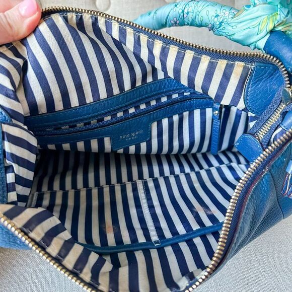 Kate Spade Blue Leather Hobo Shoulder Handbag Purse Custom Silk Wrap Strap - Picture 13 of 14